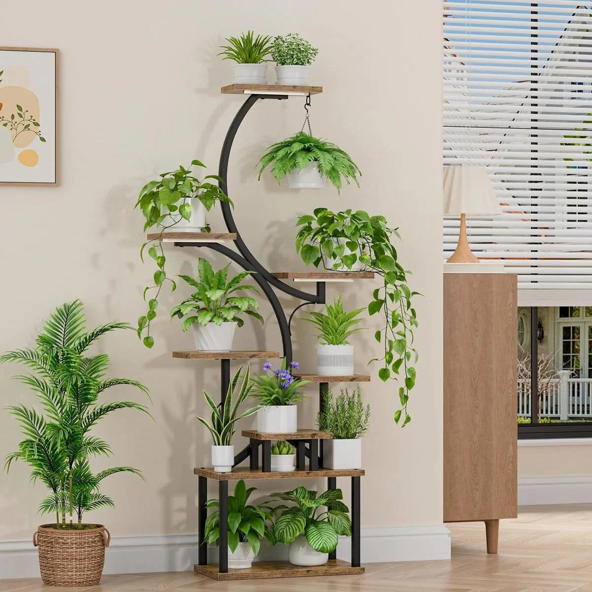 Indoor Plant Stand with Black Metal Frame and Wood Finish Shelves - Image 3