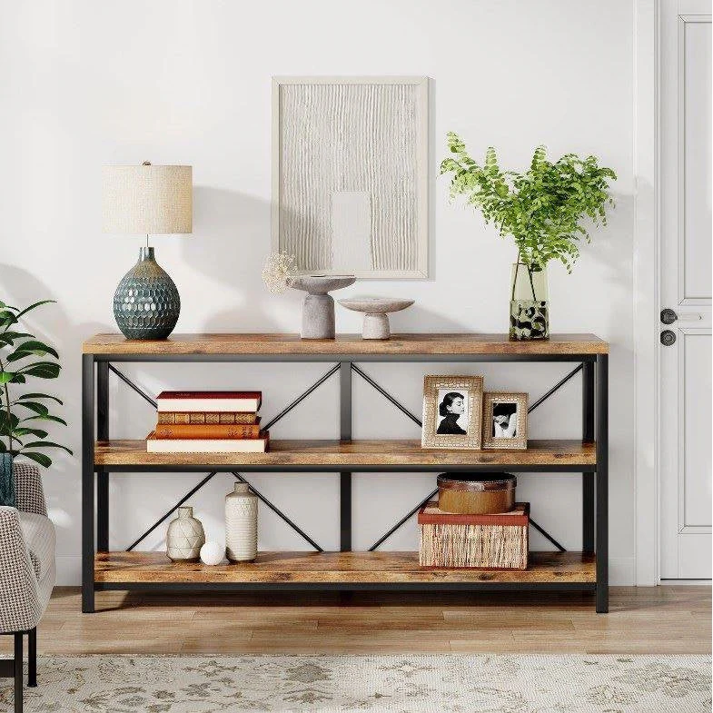 Industrial 55-inch Wood Shelf Console Sofa Table with Sturdy Black Metal Frame - Image 2