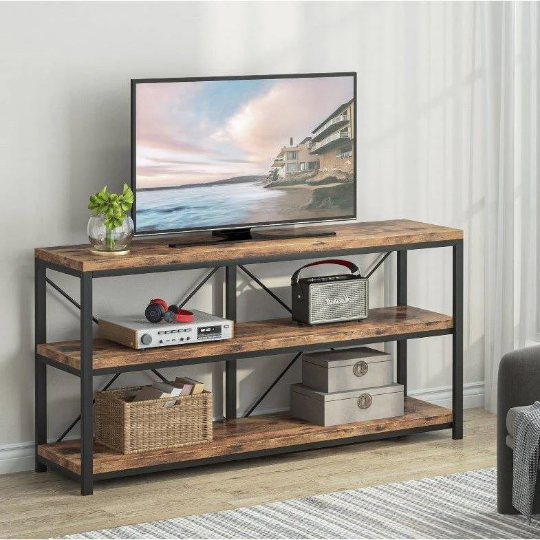 Industrial 55-inch Wood Shelf Console Sofa Table with Sturdy Black Metal Frame - Image 3