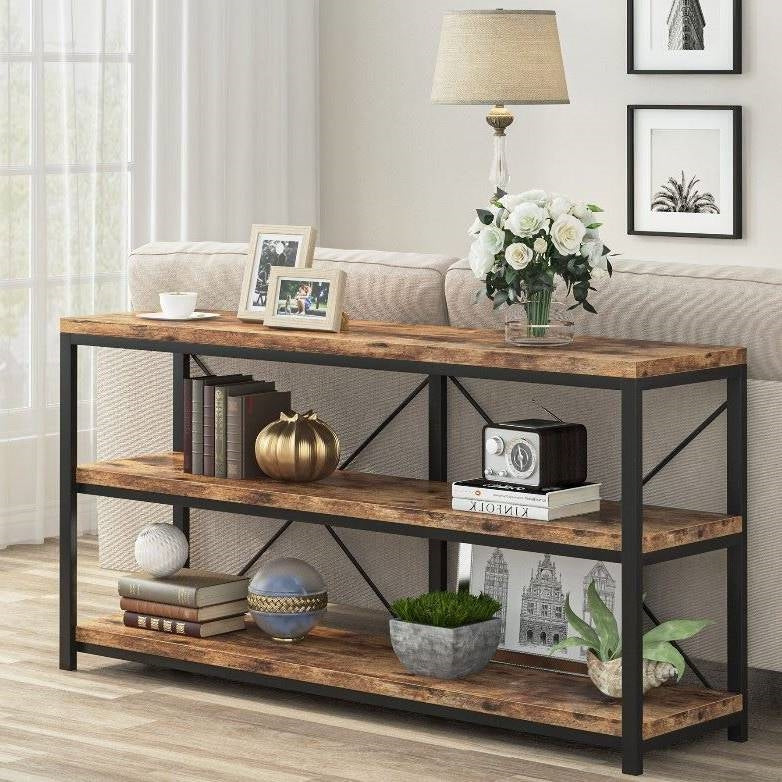 Industrial 55-inch Wood Shelf Console Sofa Table with Sturdy Black Metal Frame - Image 4