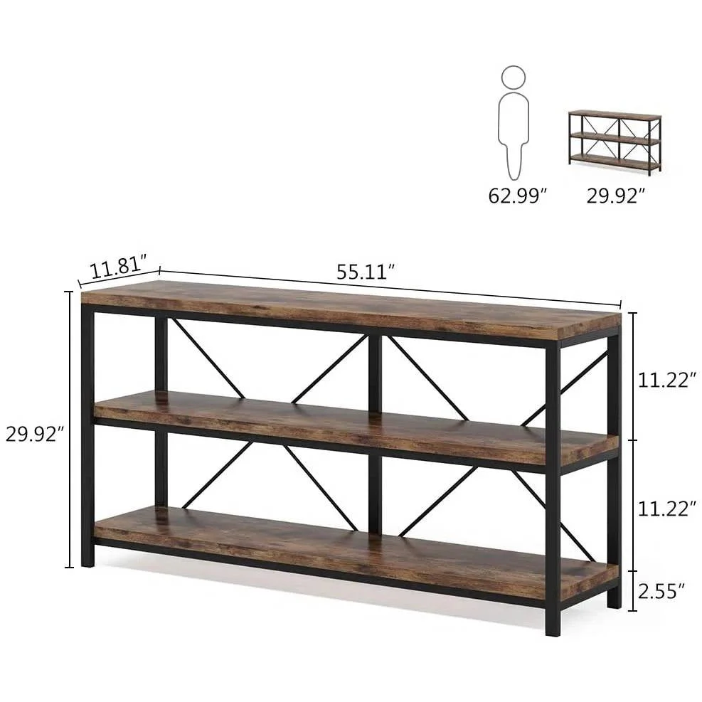 Industrial 55-inch Wood Shelf Console Sofa Table with Sturdy Black Metal Frame - Image 5