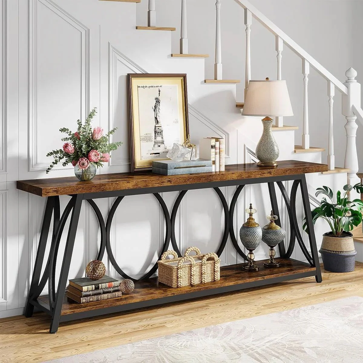 Industrial 70-in. Brown Wood Top Console Table with Heavy Duty Black Metal Frame - Image 2