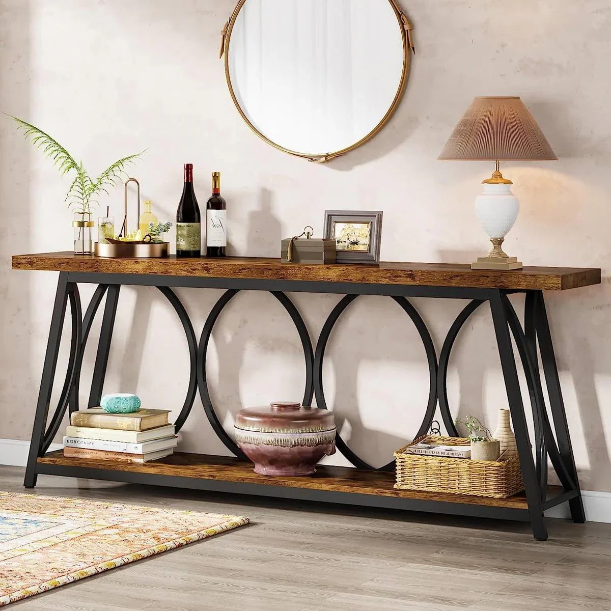 Industrial 70-in. Brown Wood Top Console Table with Heavy Duty Black Metal Frame - Image 3