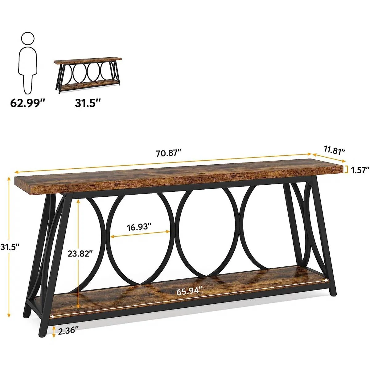Industrial 70-in. Brown Wood Top Console Table with Heavy Duty Black Metal Frame - Image 5