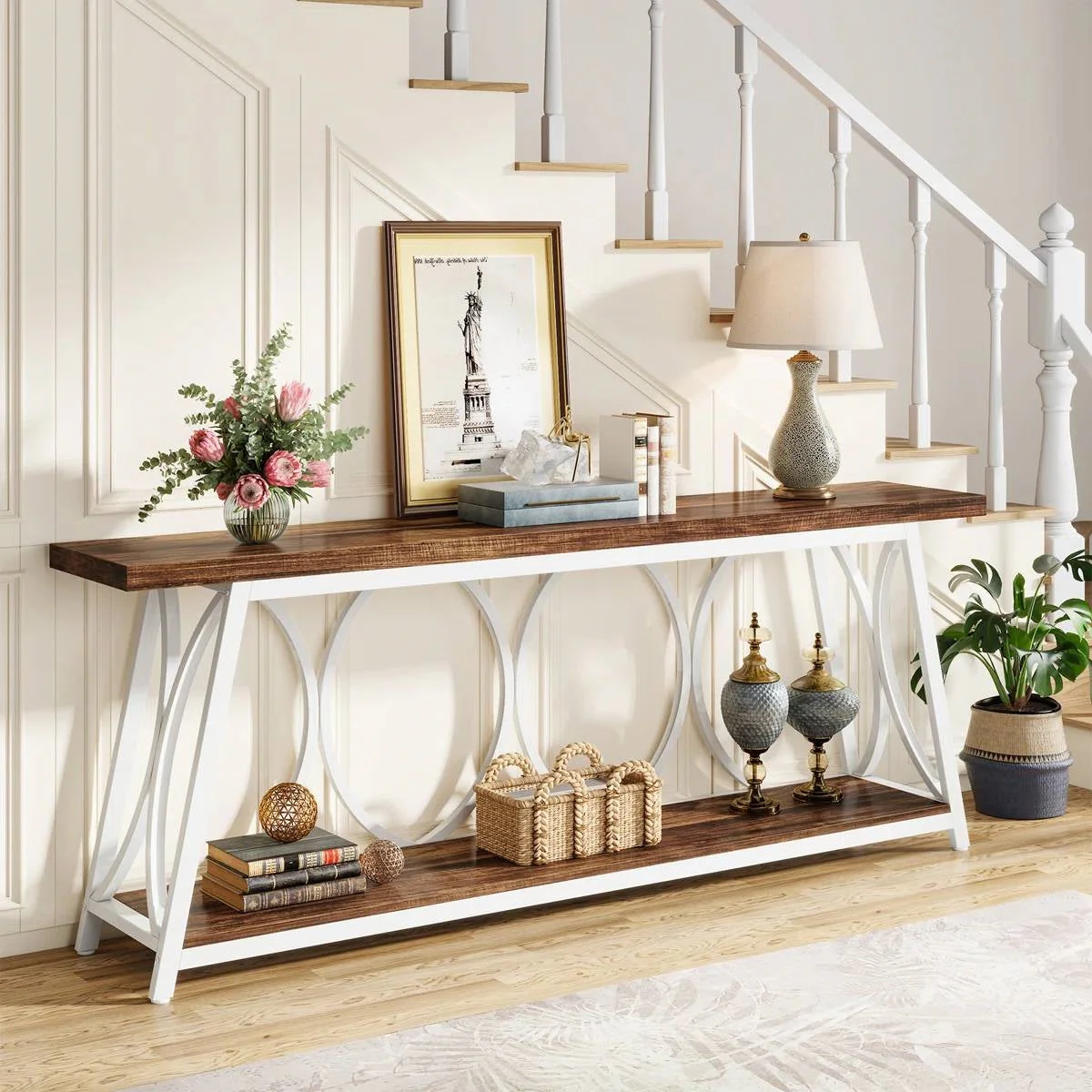 Industrial 70-inch Brown Wood Top Sofa Table with Heavy Duty White Metal Frame - Image 2