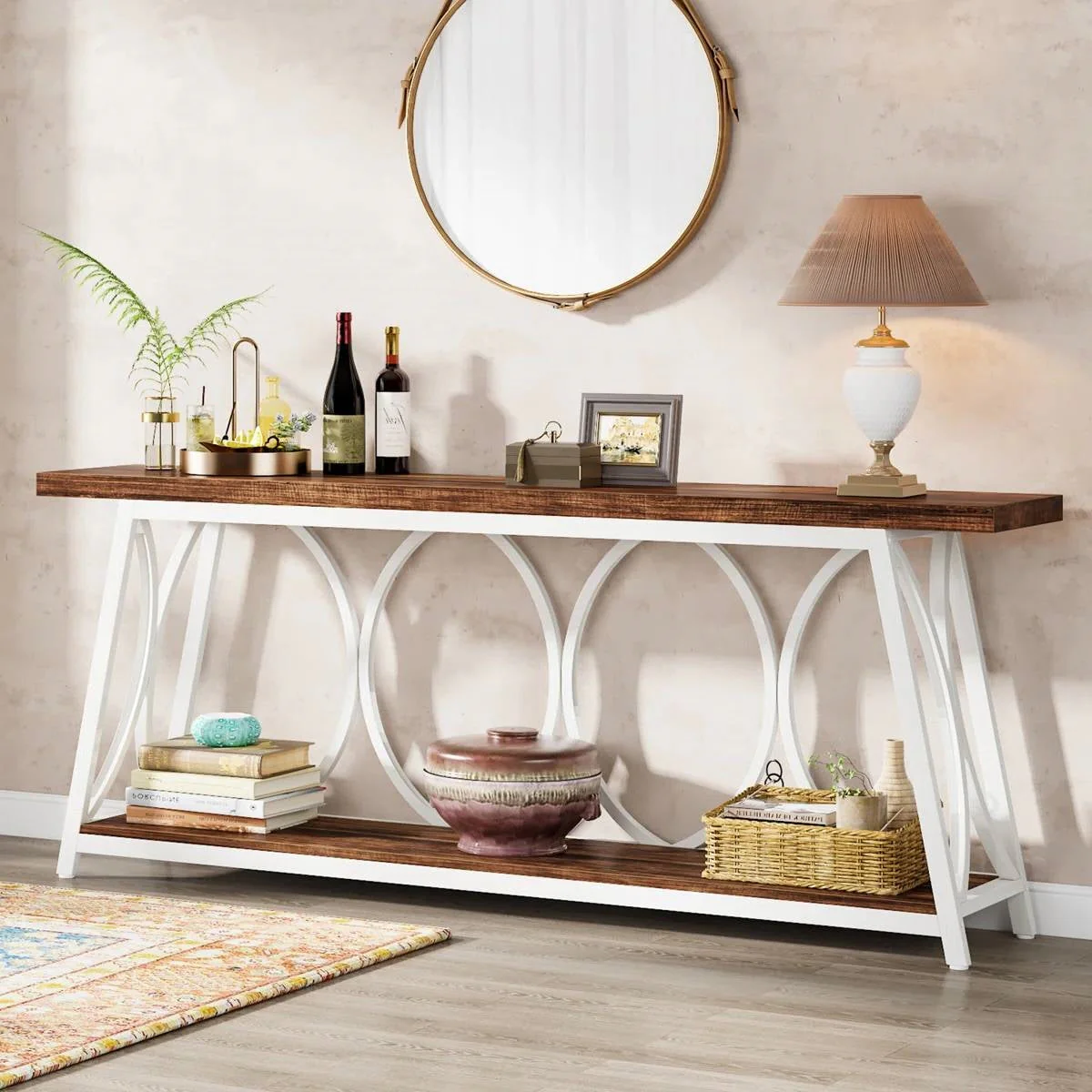 Industrial 70-inch Brown Wood Top Sofa Table with Heavy Duty White Metal Frame - Image 3