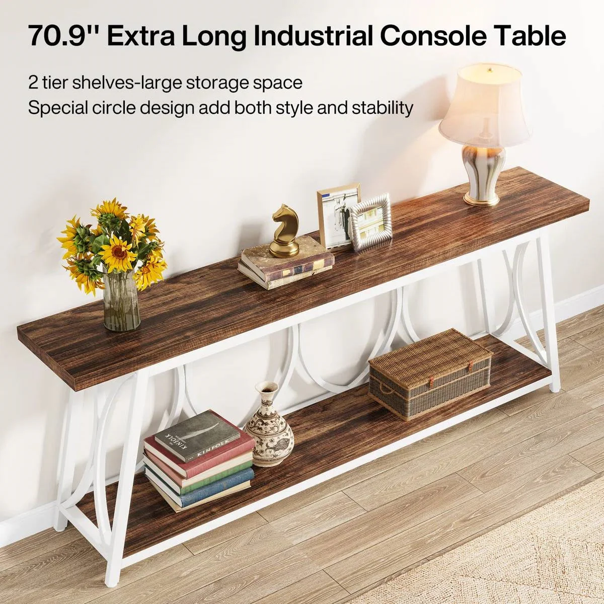 Industrial 70-inch Brown Wood Top Sofa Table with Heavy Duty White Metal Frame - Image 4