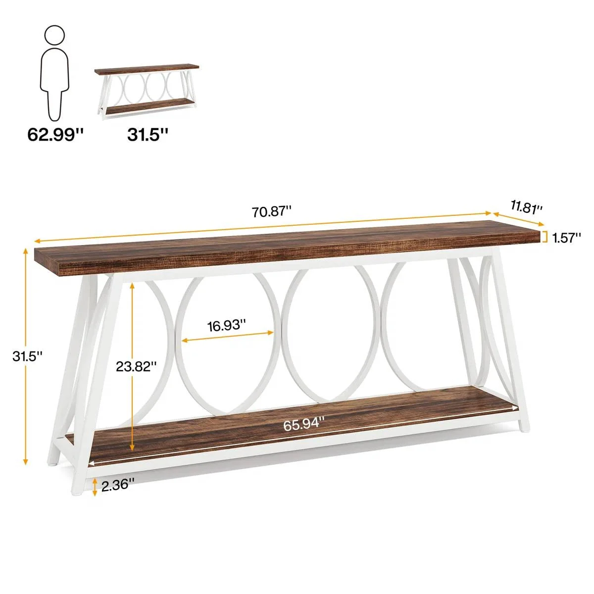 Industrial 70-inch Brown Wood Top Sofa Table with Heavy Duty White Metal Frame - Image 5