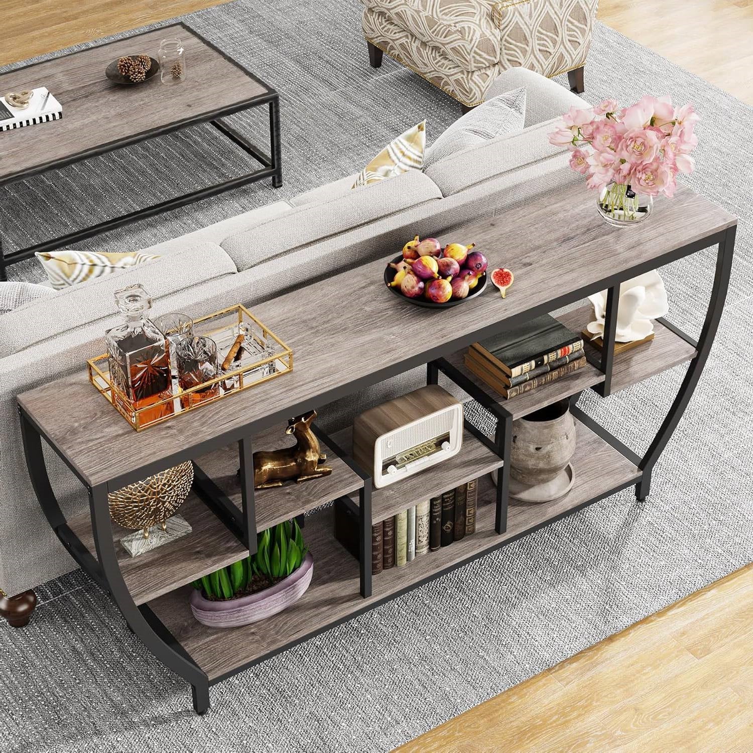 Industrial Chic 70-inch Long Narrow Console Sofa Table with Gray Wood Shelves - Image 2