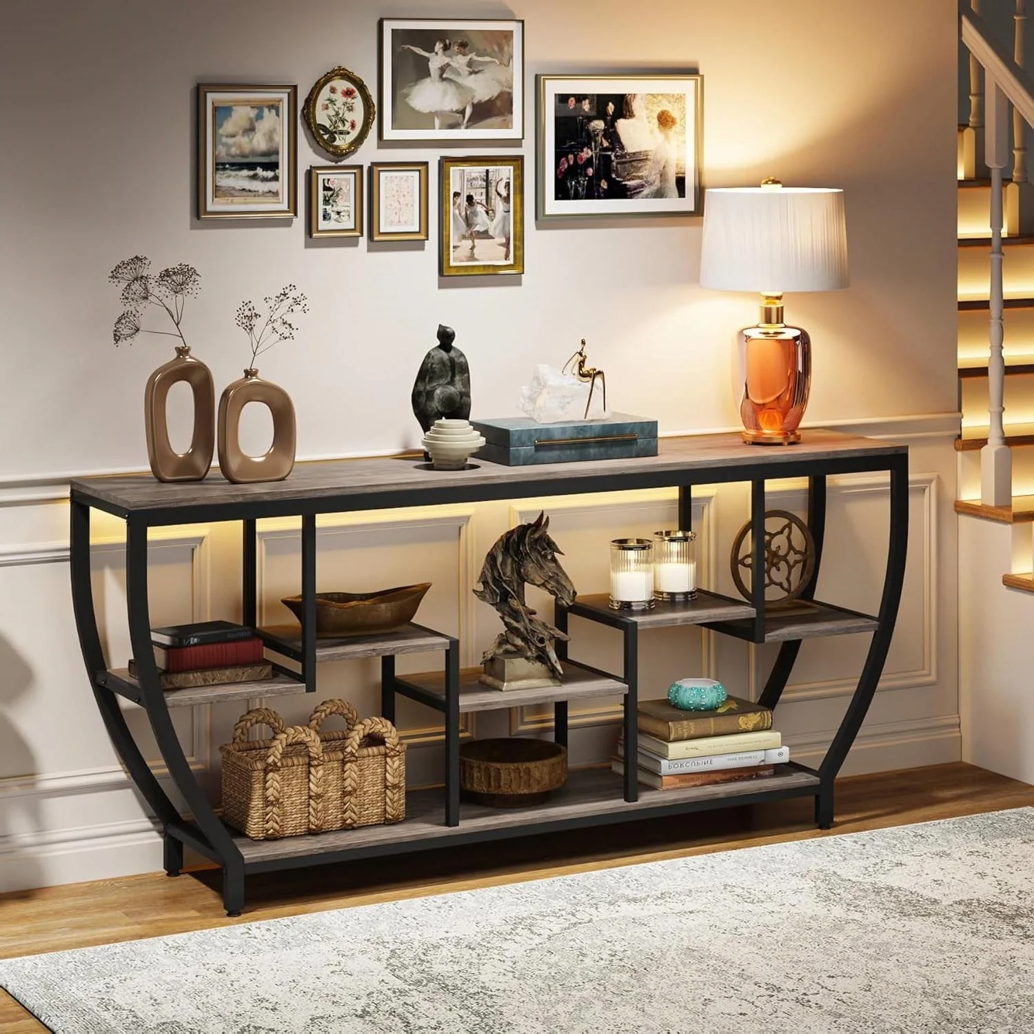 Industrial Chic 70-inch Long Narrow Console Sofa Table with Gray Wood Shelves - Image 3