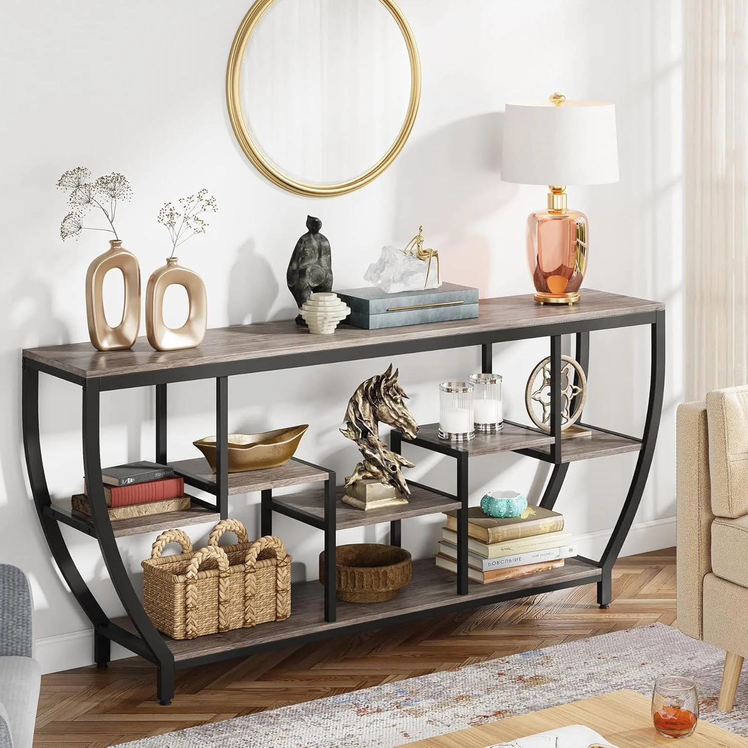 Industrial Chic 70-inch Long Narrow Console Sofa Table with Gray Wood Shelves - Image 4