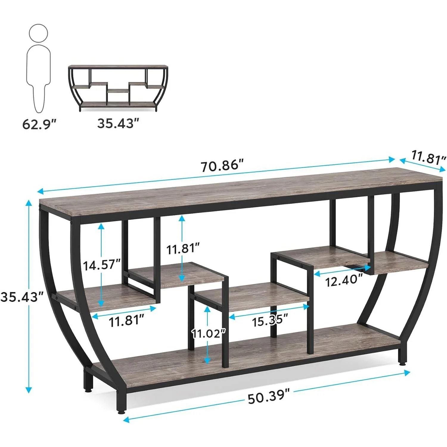 Industrial Chic 70-inch Long Narrow Console Sofa Table with Gray Wood Shelves - Image 5