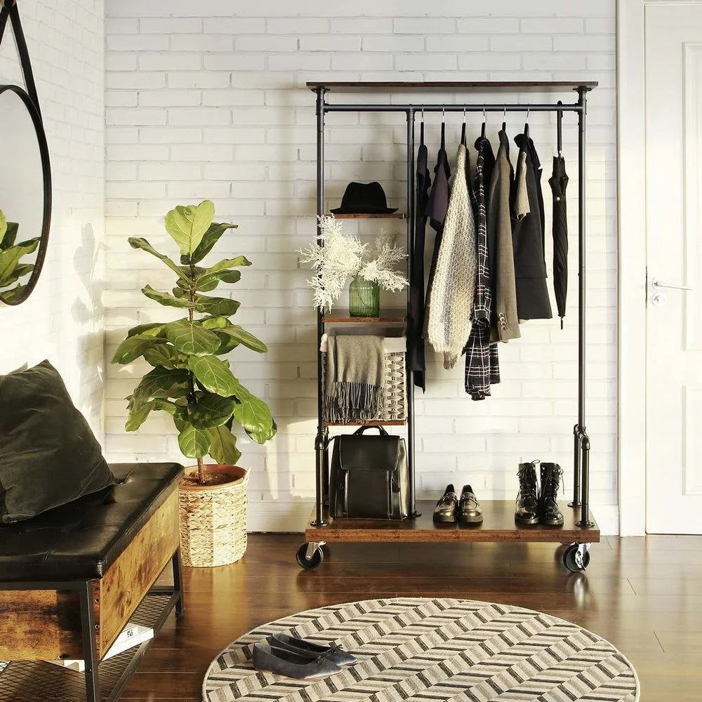 Industrial Metal Pipe Garment Rack with Wood Storage Shelves on Wheels - Image 2