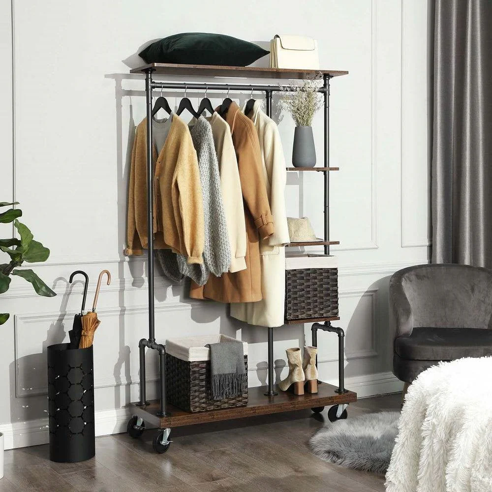 Industrial Metal Pipe Garment Rack with Wood Storage Shelves on Wheels - Image 3