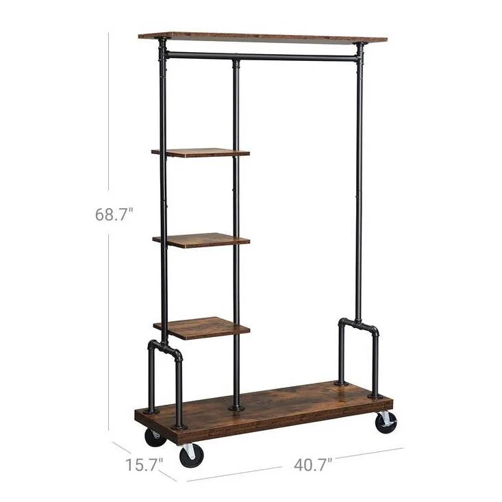 Industrial Metal Pipe Garment Rack with Wood Storage Shelves on Wheels - Image 5