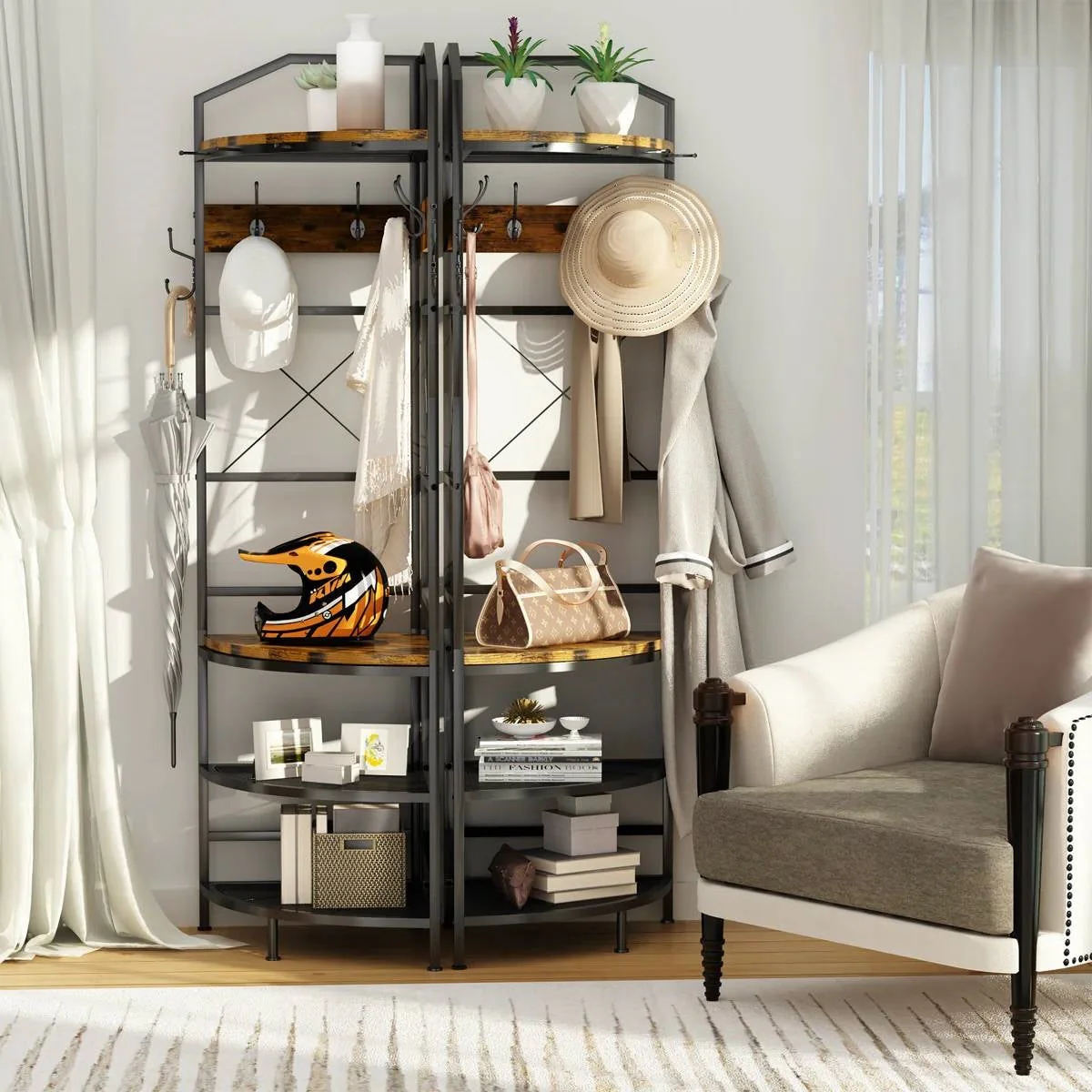 Industrial Metal/Wood Corner Hall Tree Shoe Storage Bench Coat Rack - Image 2