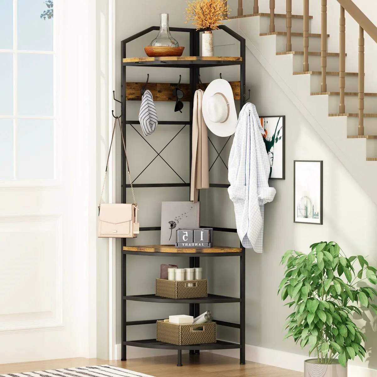 Industrial Metal/Wood Corner Hall Tree Shoe Storage Bench Coat Rack - Image 3