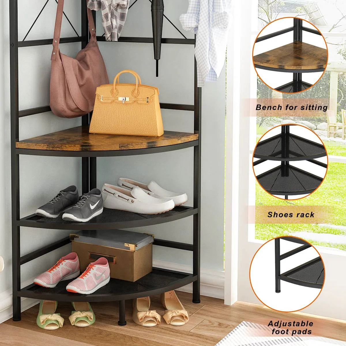 Industrial Metal/Wood Corner Hall Tree Shoe Storage Bench Coat Rack - Image 4