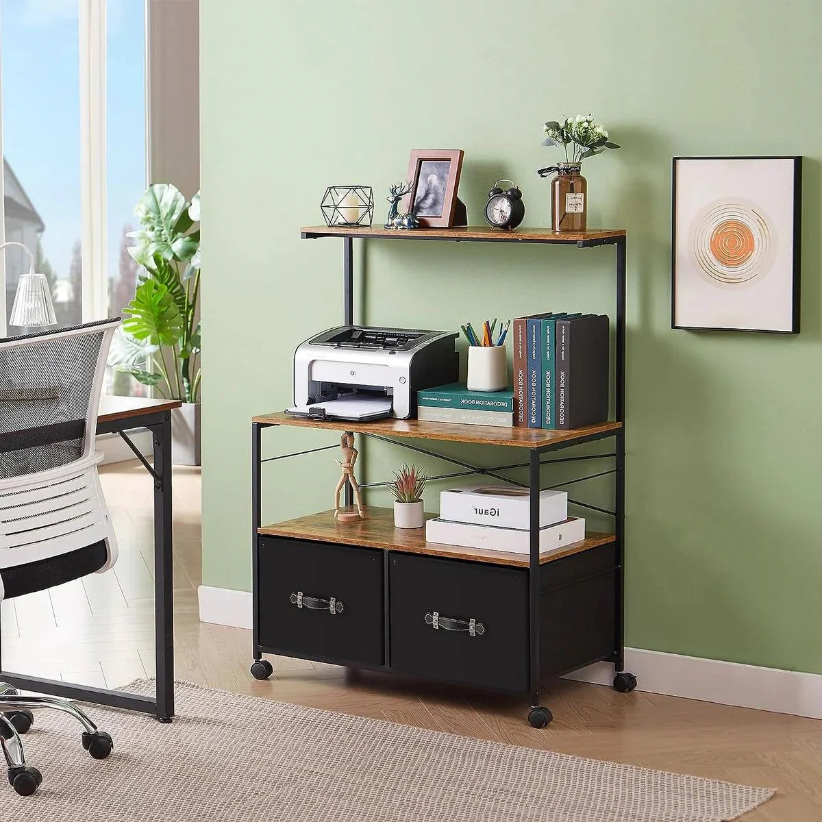 Industrial Metal Wood Printer Stand File Cabinet with Fabric Drawers - Image 2