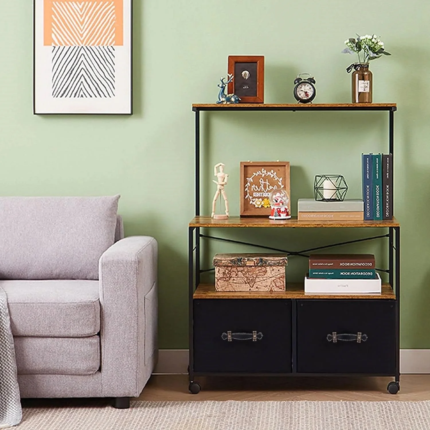 Industrial Metal Wood Printer Stand File Cabinet with Fabric Drawers - Image 3