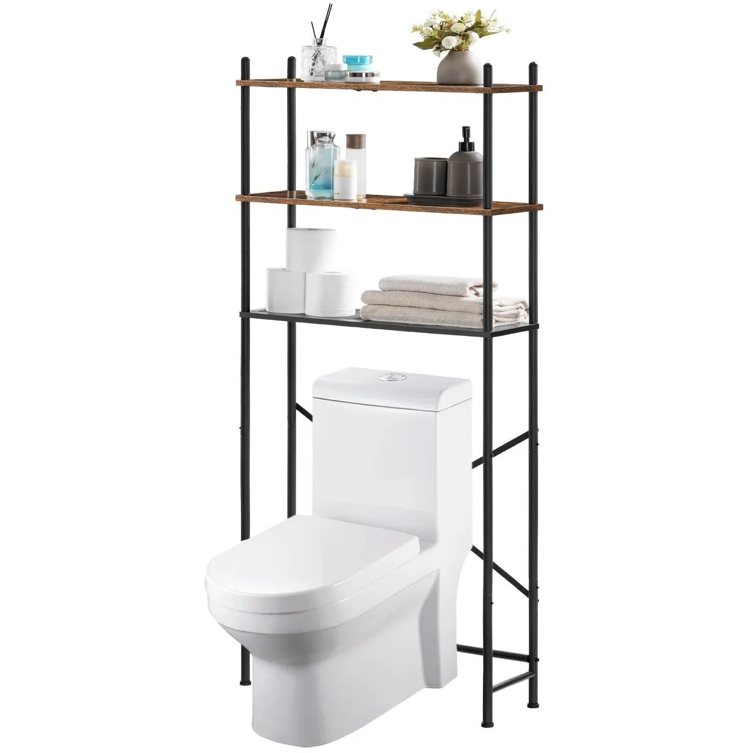Industrial Metal Wood Style Over the Toilet Freestanding Storage Shelving Unit - Image 2