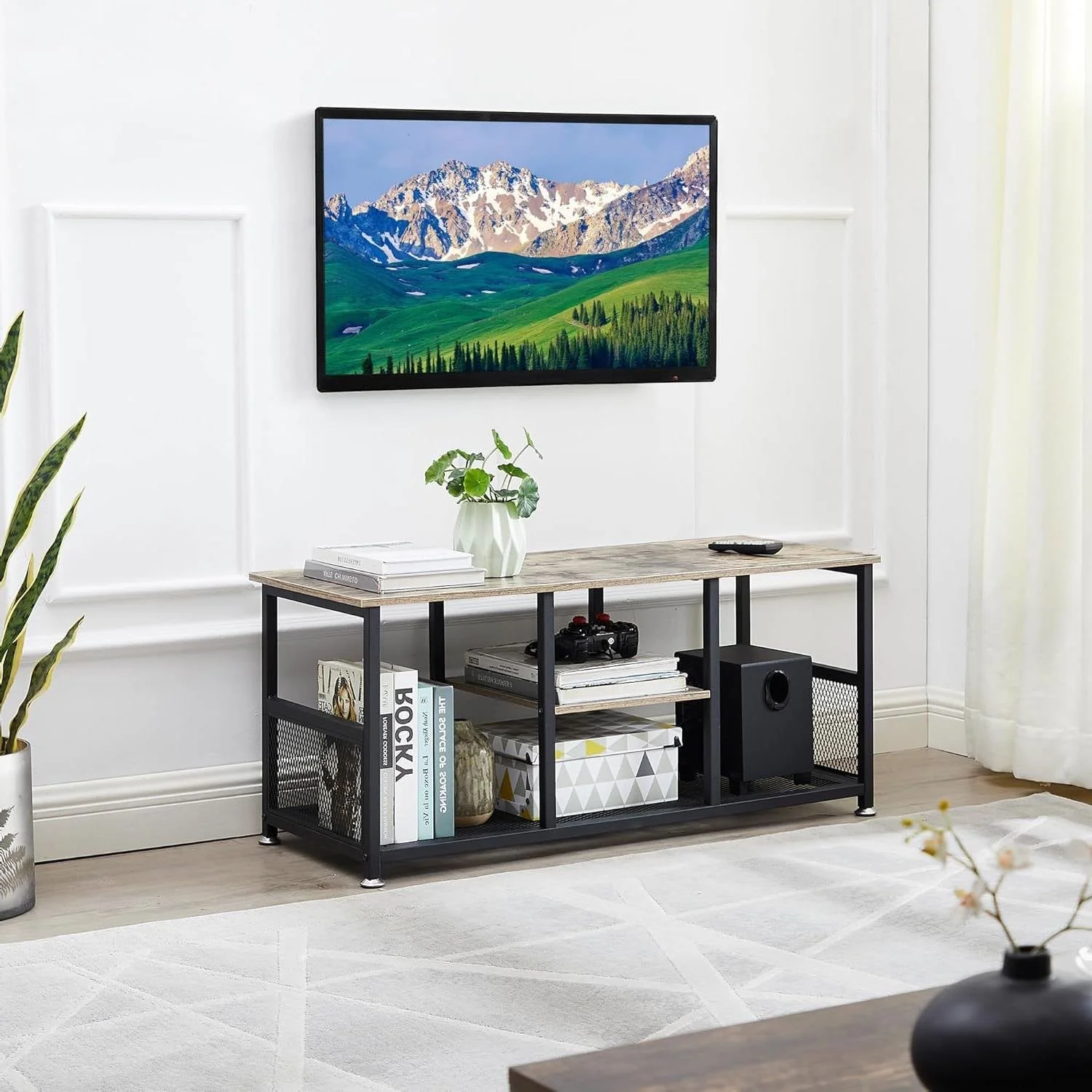 Industrial Modern Black Metal Grey Wood TV Stand with Media Storage Shelf - Image 2