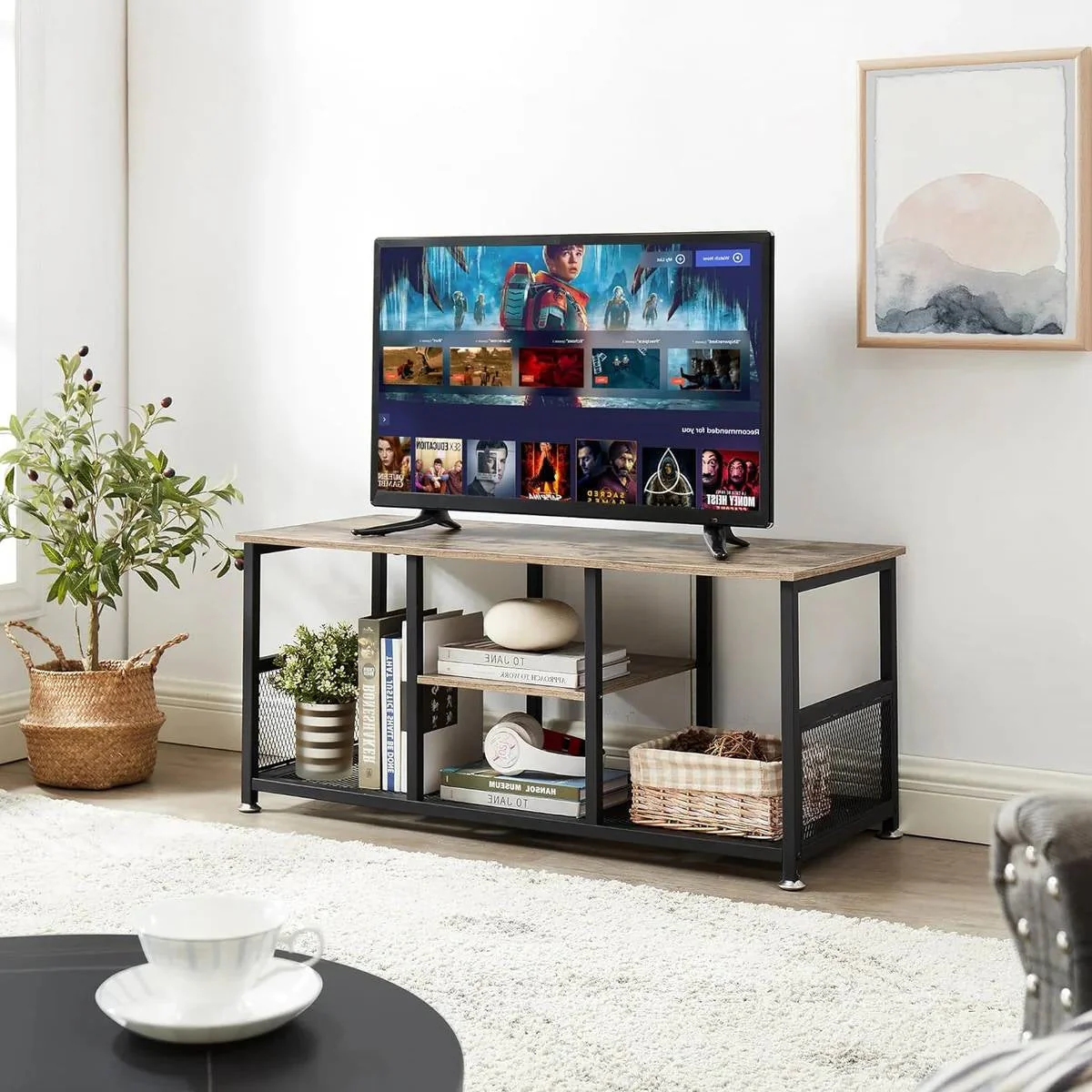 Industrial Modern Black Metal Grey Wood TV Stand with Media Storage Shelf - Image 3