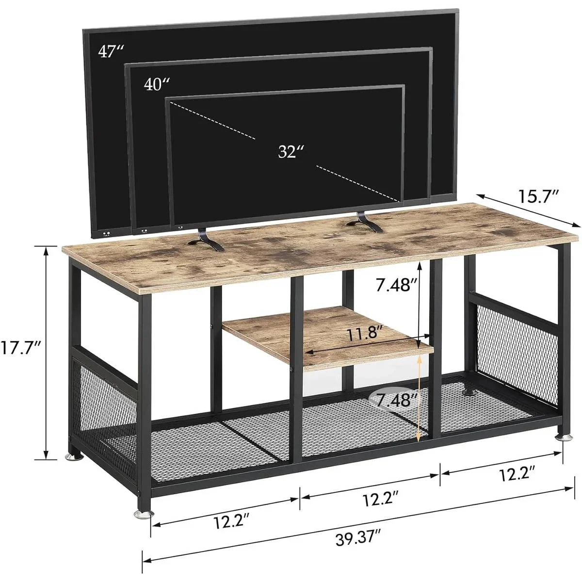 Industrial Modern Black Metal Grey Wood TV Stand with Media Storage Shelf - Image 5
