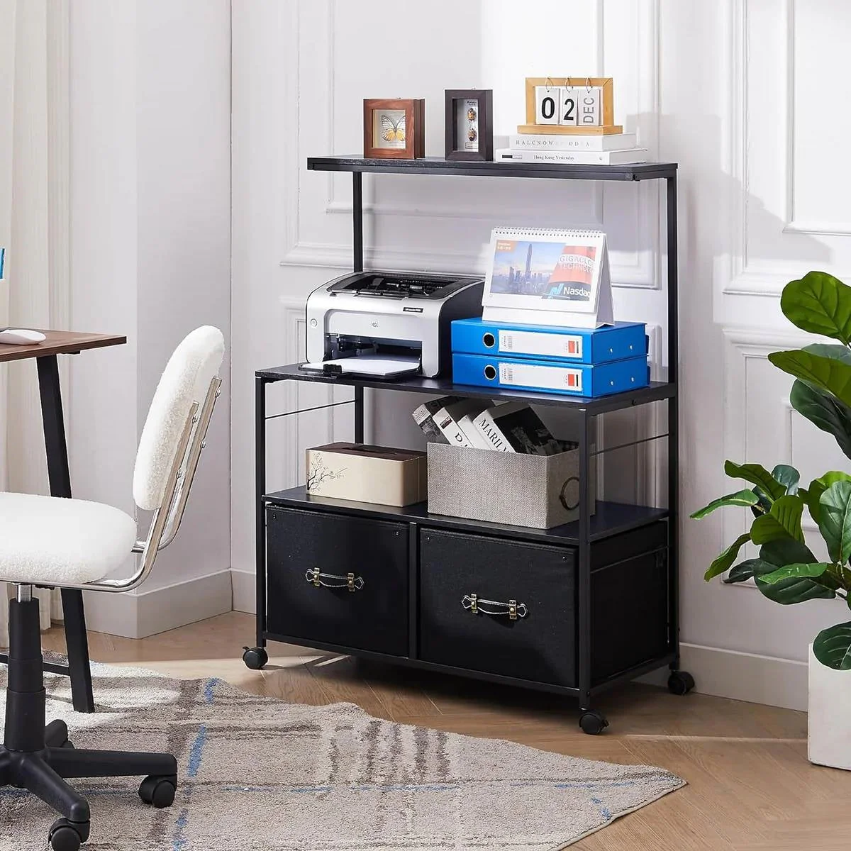 Industrial Modern Black Metal Wood Printer Stand File Cabinet w/ Fabric Drawers - Image 2