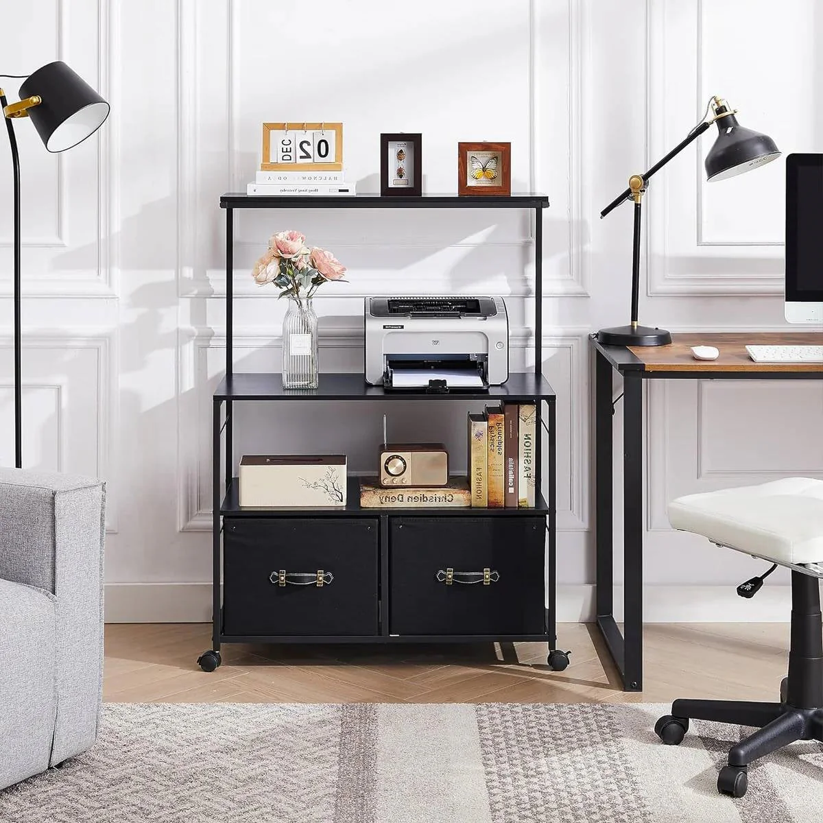Industrial Modern Black Metal Wood Printer Stand File Cabinet w/ Fabric Drawers - Image 3
