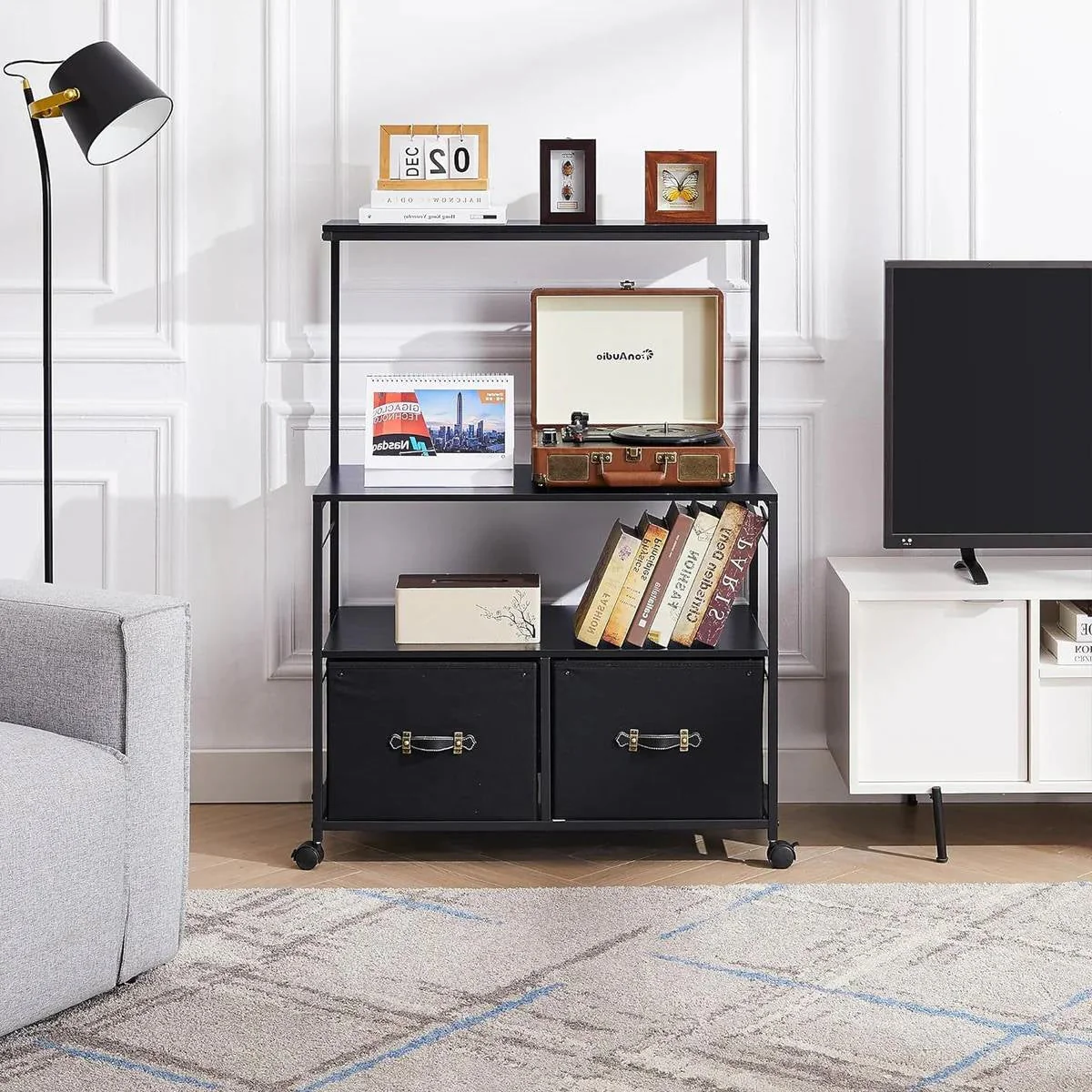 Industrial Modern Black Metal Wood Printer Stand File Cabinet w/ Fabric Drawers - Image 4