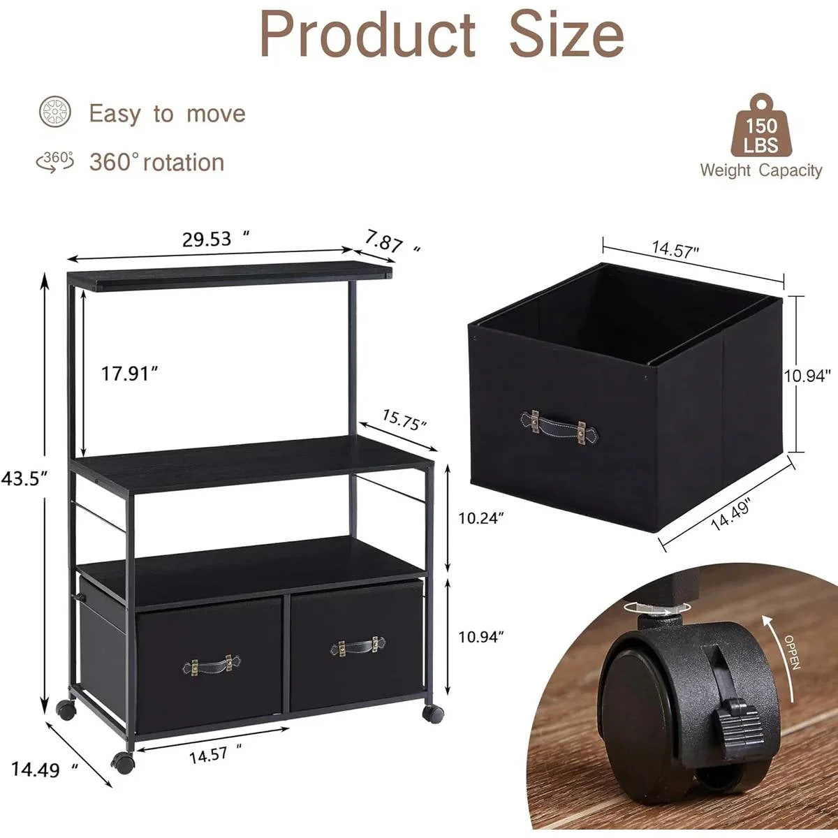 Industrial Modern Black Metal Wood Printer Stand File Cabinet w/ Fabric Drawers - Image 5