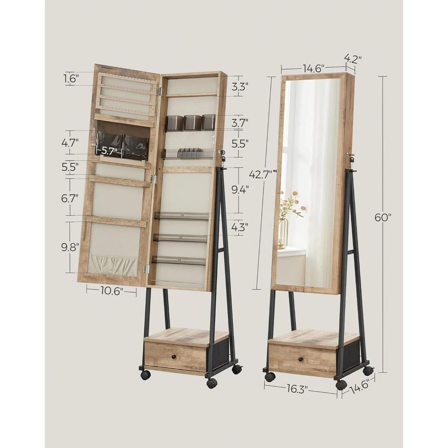 Industrial Modern Metal Wood Jewelry Armoire Cabinet Organizer Mirror on Wheels - Image 5
