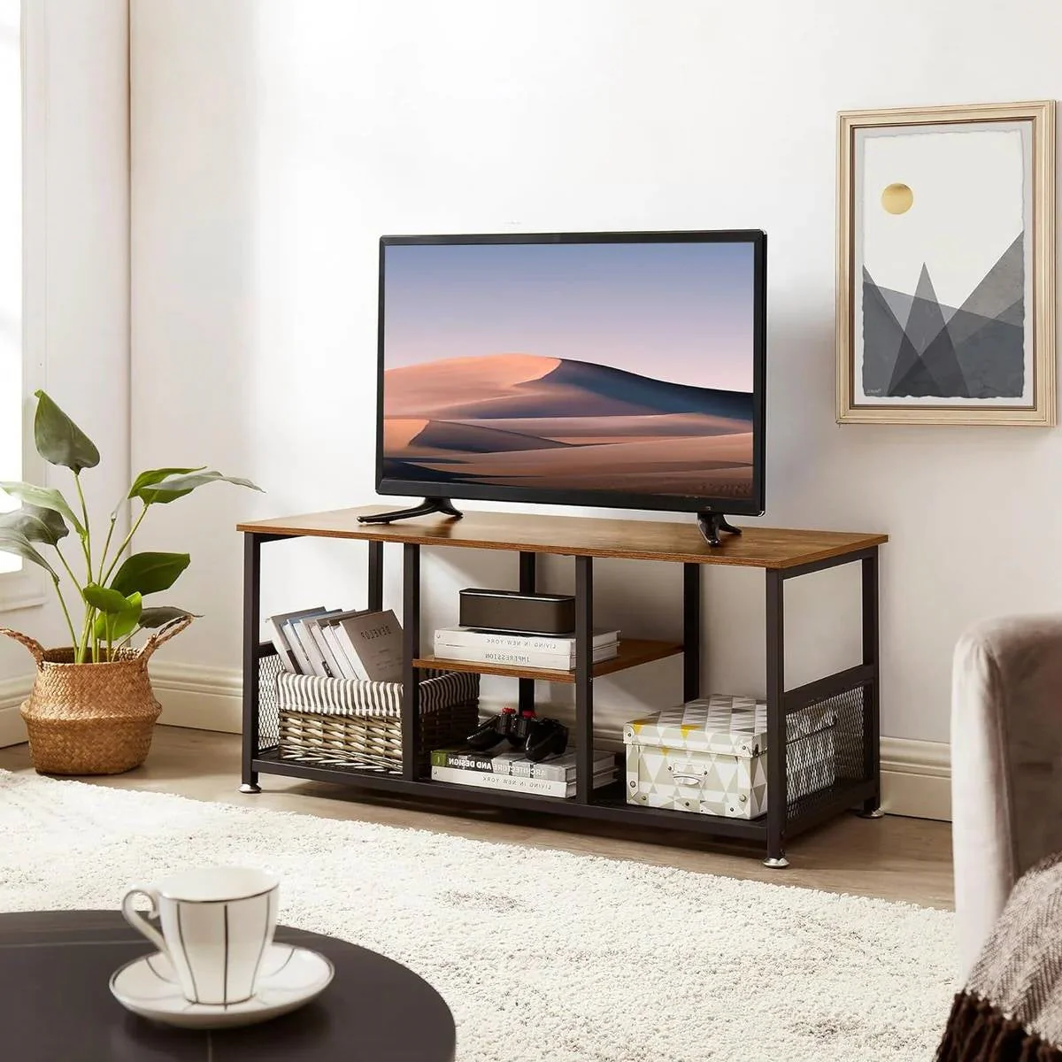 Industrial Modern Metal Wood TV Stand with Media Storage Shelf - Image 2