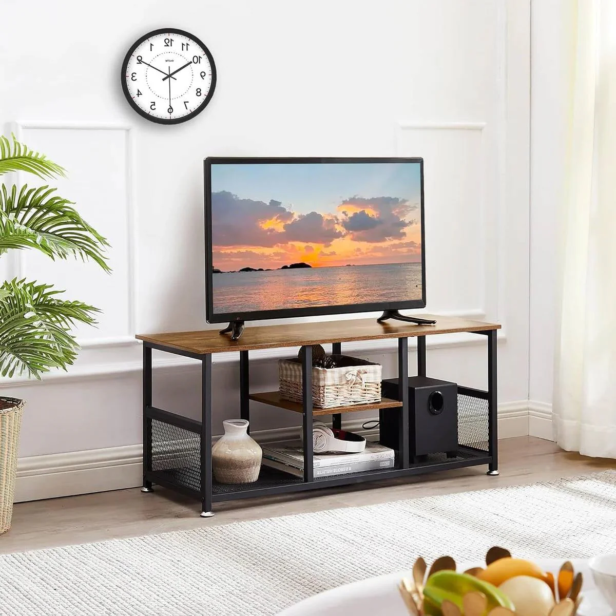 Industrial Modern Metal Wood TV Stand with Media Storage Shelf - Image 3