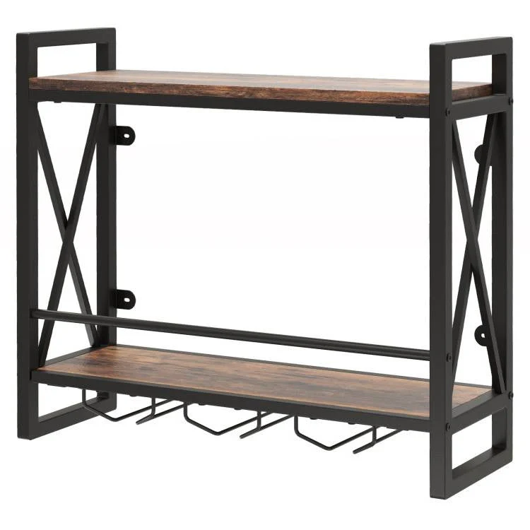 Industrial Rustic Brown Wood Metal 2 Tier Wall Mounted Wine Rack - Image 2