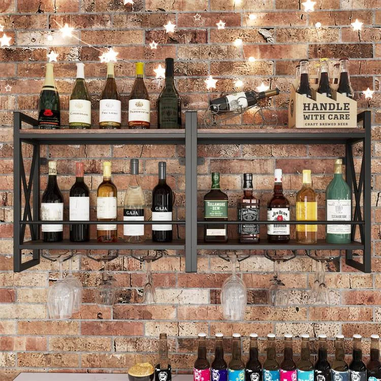 Industrial Rustic Brown Wood Metal 2 Tier Wall Mounted Wine Rack - Image 3