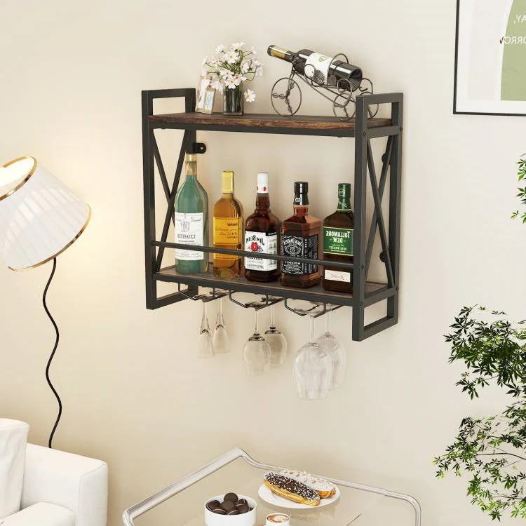 Industrial Rustic Brown Wood Metal 2 Tier Wall Mounted Wine Rack - Image 4