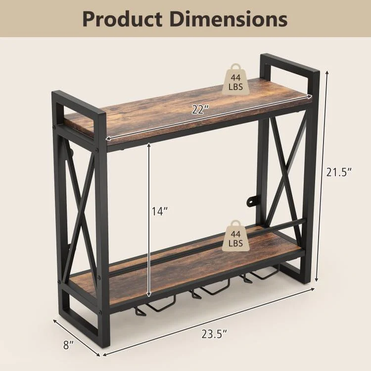 Industrial Rustic Brown Wood Metal 2 Tier Wall Mounted Wine Rack - Image 5