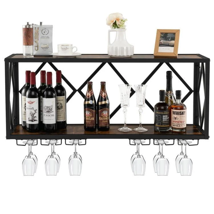 Industrial Rustic Brown Wood Metal Wall Mounted Wine Rack Shelf - Image 2