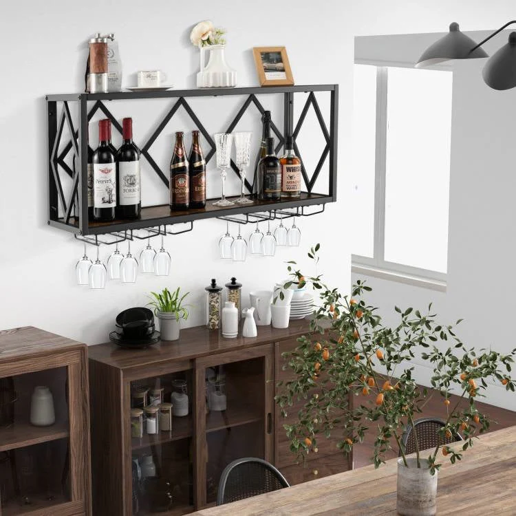 Industrial Rustic Brown Wood Metal Wall Mounted Wine Rack Shelf - Image 3