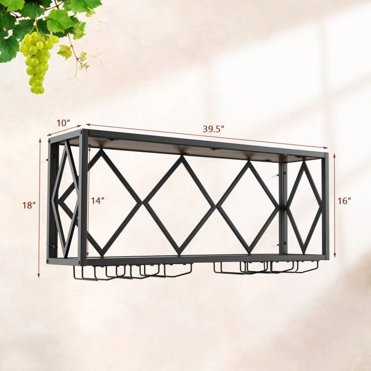 Industrial Rustic Brown Wood Metal Wall Mounted Wine Rack Shelf - Image 5