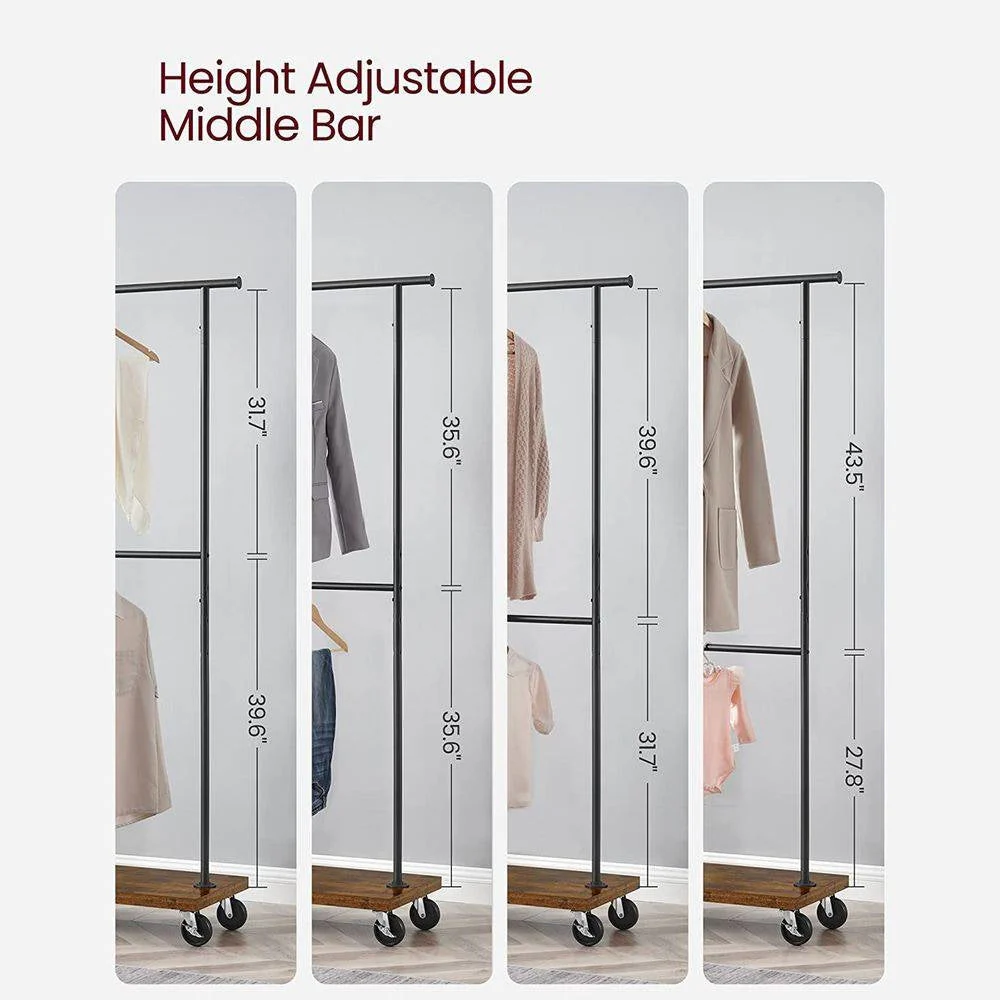 Industrial Style Clothing Garment Rack Double Clothes Hanging Bar on Wheels - Image 2