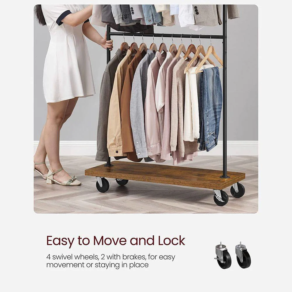 Industrial Style Clothing Garment Rack Double Clothes Hanging Bar on Wheels - Image 3