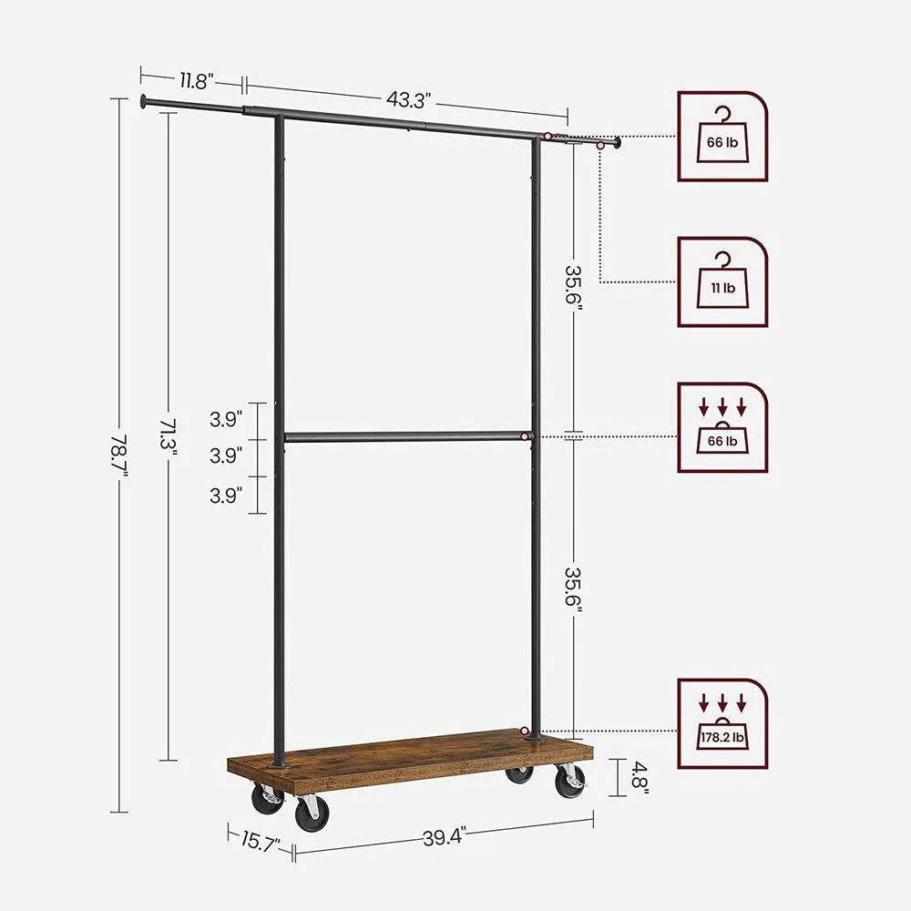 Industrial Style Clothing Garment Rack Double Clothes Hanging Bar on Wheels - Image 4
