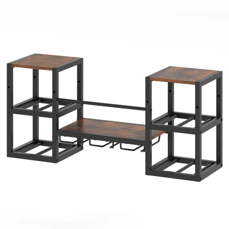 Industrial Wood Metal Wall Mounted Wine Rack Shelf with Glass Holders - Image 2