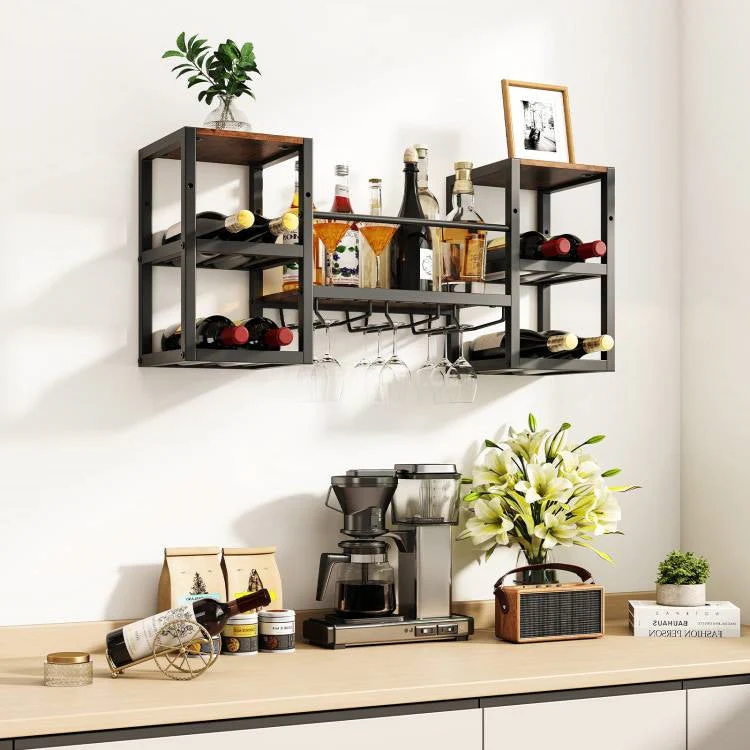 Industrial Wood Metal Wall Mounted Wine Rack Shelf with Glass Holders - Image 3
