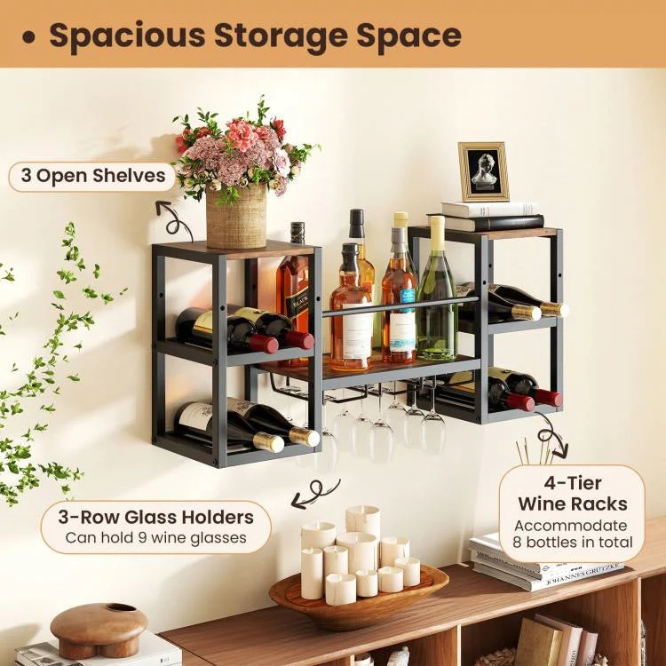 Industrial Wood Metal Wall Mounted Wine Rack Shelf with Glass Holders - Image 4