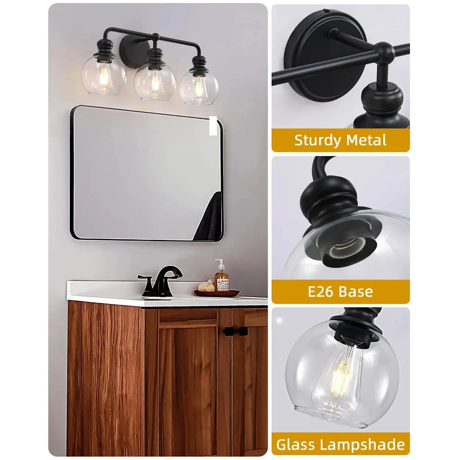 Irvine Black Modern Clear Glass 3-Light Vanity Light - Image 3