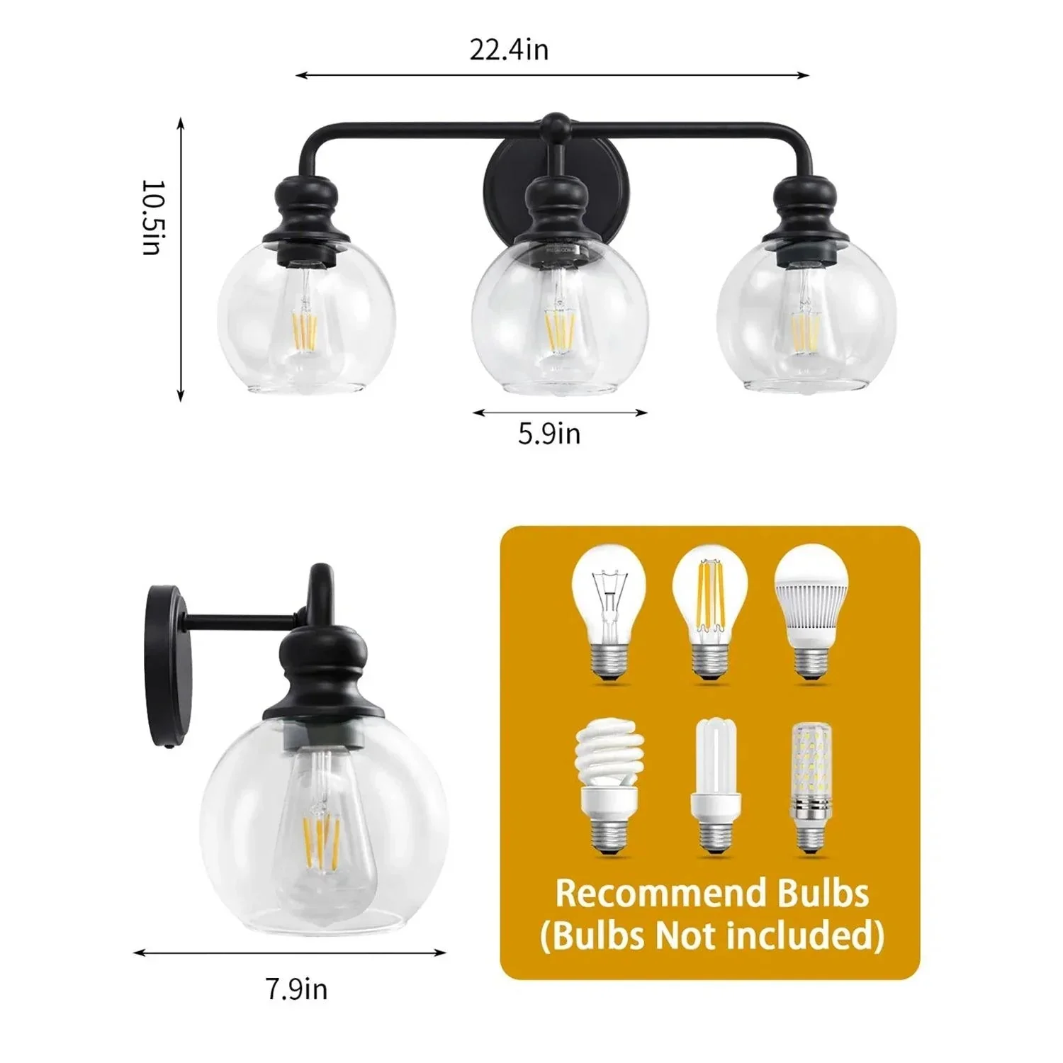 Irvine Black Modern Clear Glass 3-Light Vanity Light - Image 8